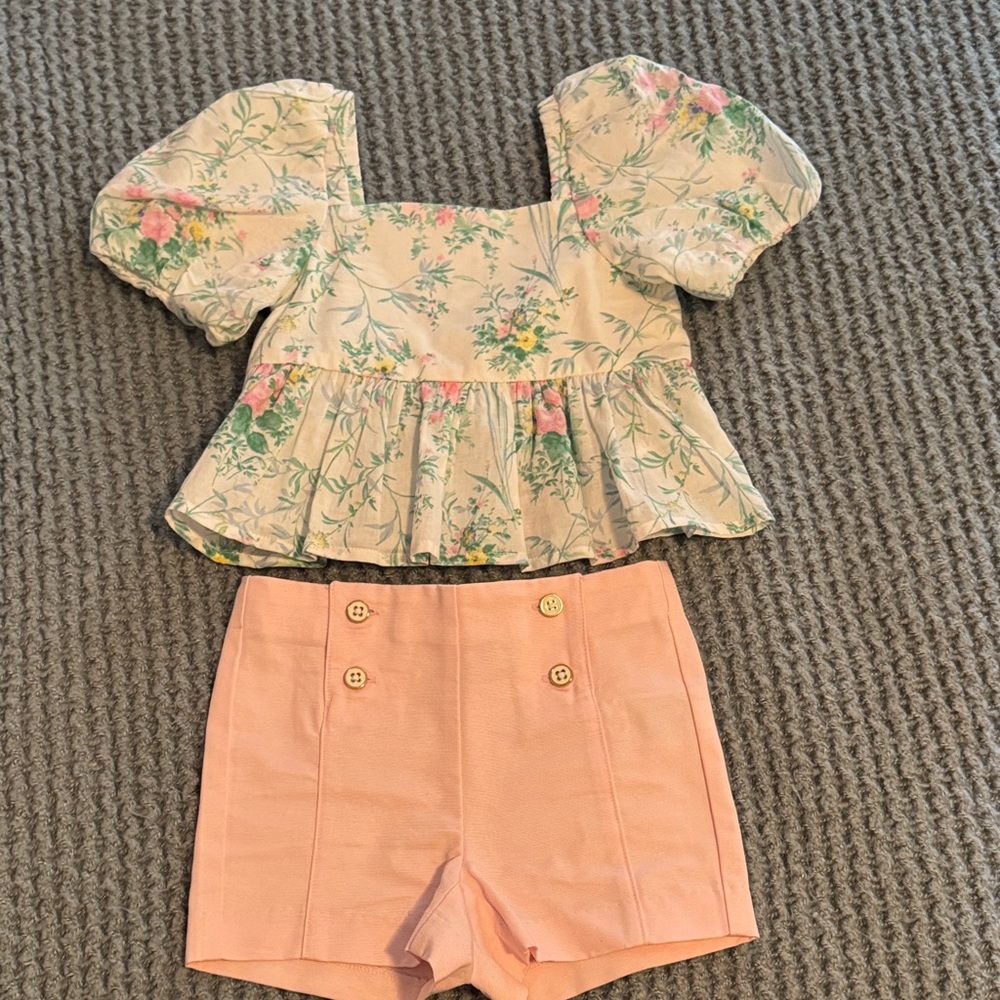 Janie and Jack Floral Bubble Sleeve Peplum Top and Bunny Pink Button Shorts